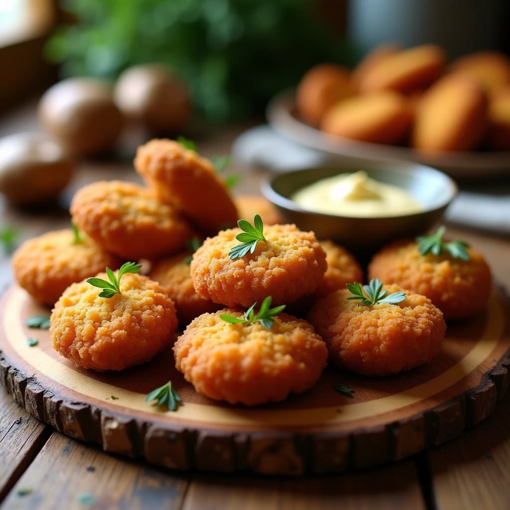 Croquetas doradas y crujientes de puré de castaña y champiñones servidas en un plato blanco, con un fondo rústico y hierbas frescas. Receta vegana y sin harina en airfryer.