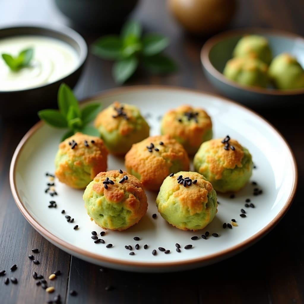 Croquetas doradas de puré de guisantes y wasabi servidas en plato blanco con semillas de sésamo negro, aperitivo japonés sin rebozar hecho en airfryer.