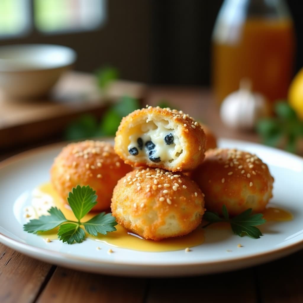 Croquetas doradas y crujientes de queso azul y nueces con costra de semillas de sésamo, servidas en un plato de pizarra con chutney de higos al fondo. Receta francesa en airfryer.