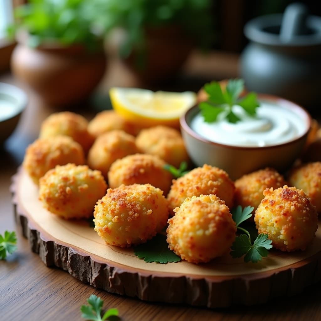 Croquetas doradas y crujientes de quinoa y ampalaya sobre papel de horno, con un dip de yogur y hierbas frescas al lado. Plato filipino sin gluten y apto para diabéticos.