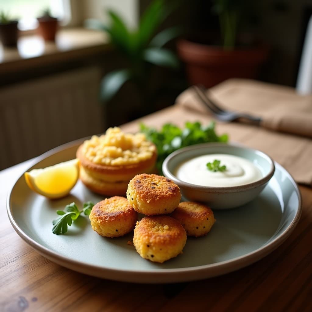 Croquetas doradas y crujientes de quinoa y calabacín con semillas de sésamo negro, servidas en plato blanco con dip cremoso de yogur de soja y eneldo fresco. Aperitivo keto sin fritura.
