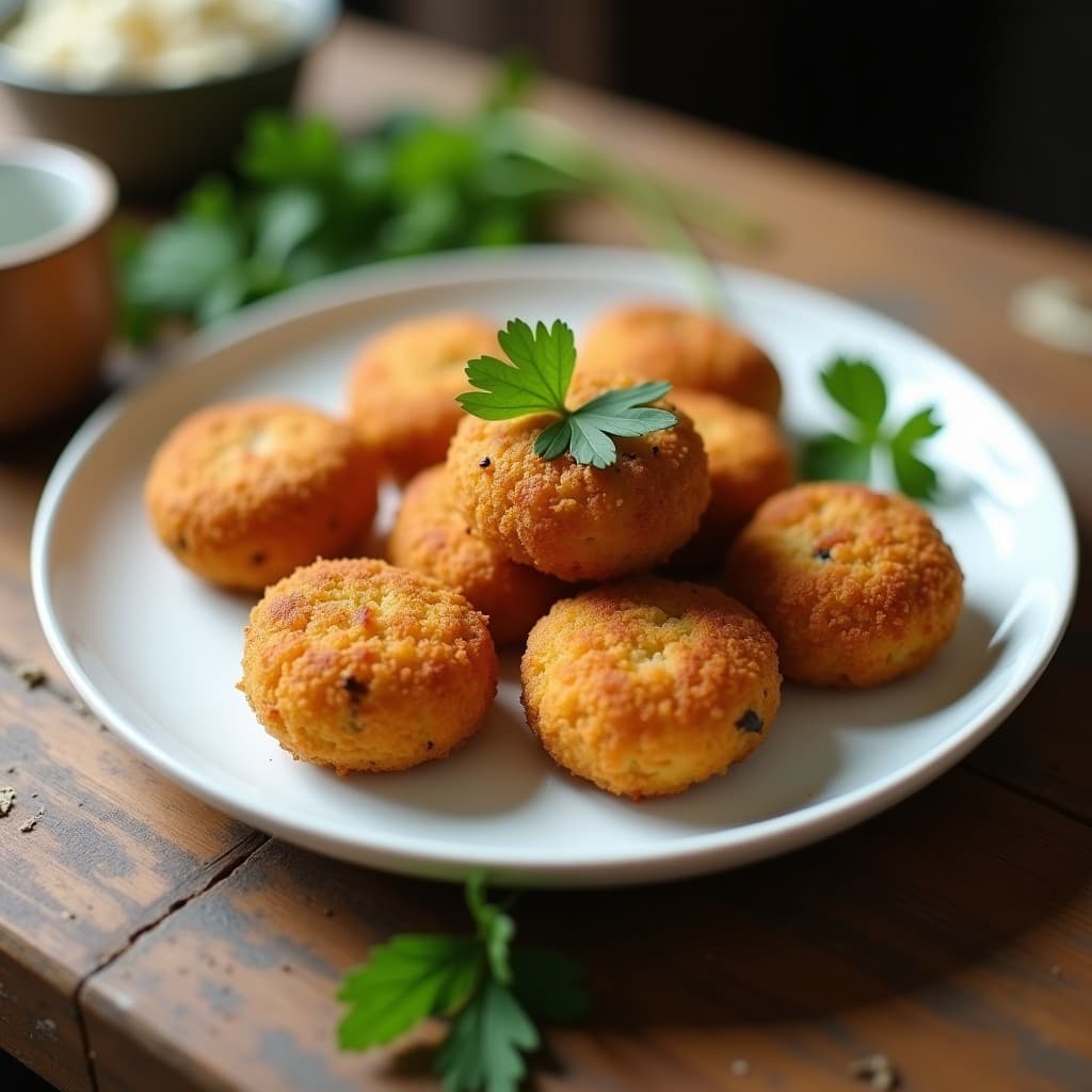Croquetas doradas y crujientes de quinoa y champiñones Portobello servidas en un plato blanco, con un fondo rústico de madera y hierbas frescas. Receta sin gluten y sin lactosa en Thermomix.