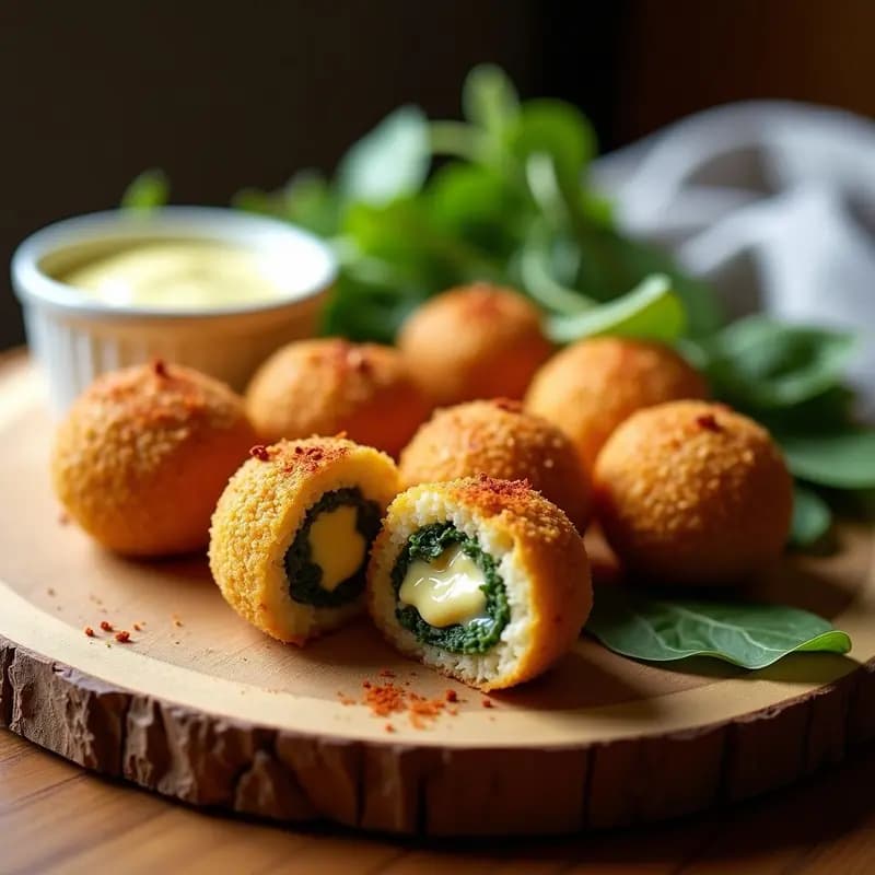 Croquetas doradas de quinoa y espinacas con bechamel de almendras, aperitivo vegano español crujiente servidas en bandeja de madera con salsa blanca y semillas de sésamo.