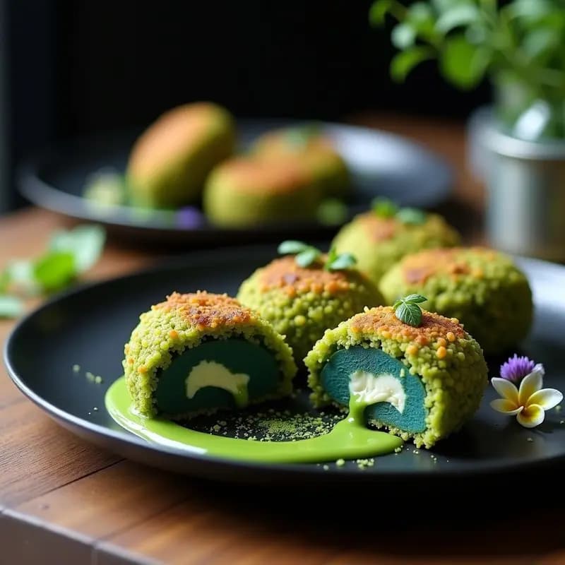 Croquetas verdes vibrantes de quinoa y espirulina cortadas por la mitad, mostrando un relleno cremoso de queso azul vegano derretido, servidas en un plato blanco con salsa de yogur y hierbas frescas. Aperitivo vegano y alta en proteína.