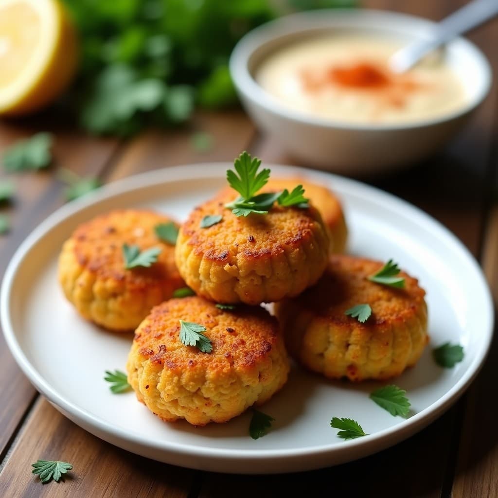Croquetas doradas y crujientes de quinoa y hongos reishi servidas en un plato de cerámica blanca, con un fondo de hierbas frescas y un dip de tahini, receta en airfryer alta en proteína y adaptógena.