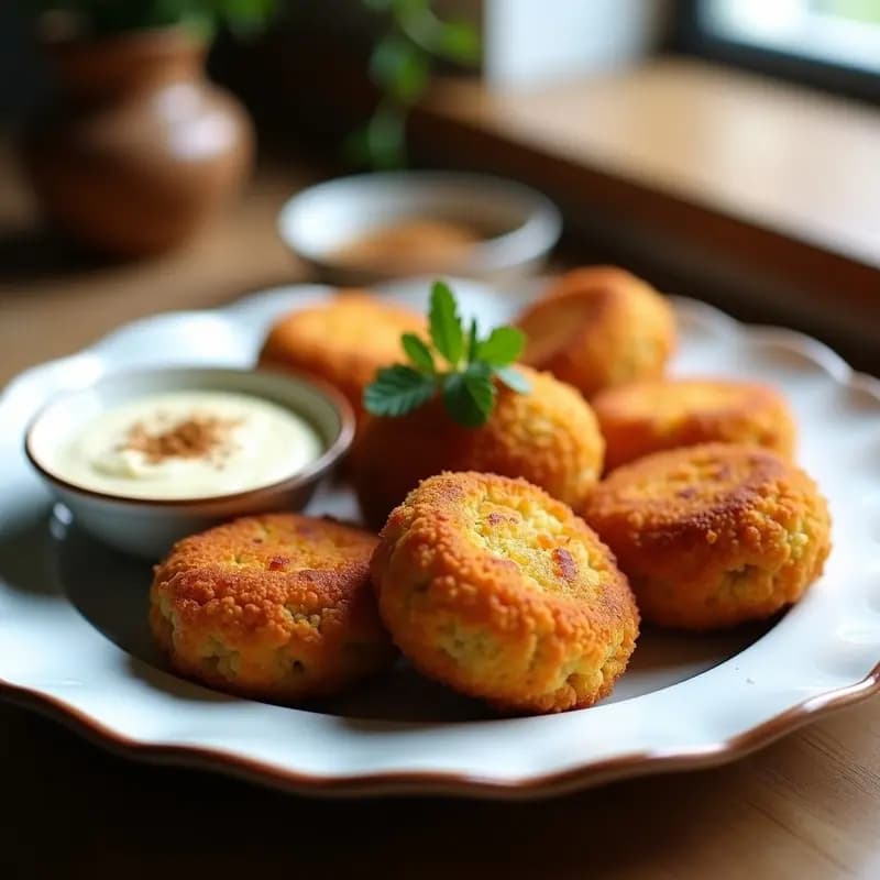 Croquetas doradas de quinoa negra y almejas servidas en plato blanco rústico, acompañadas de salsa cremosa de merquén en airfryer, aperitivo chileno crujiente.