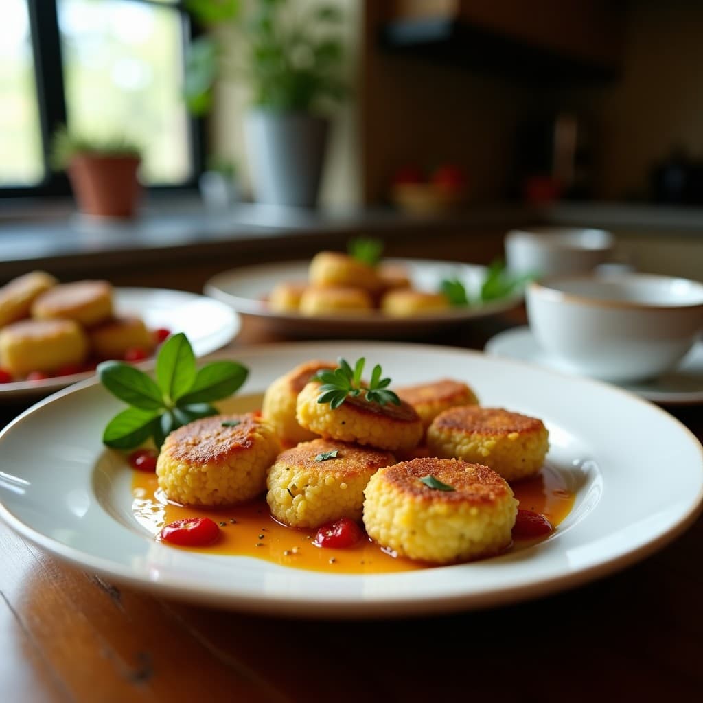 Croquetas doradas de quinoa y queso de anacardo con crujiente de semillas de amapola, servidas en un plato blanco con hierbas frescas y salsa de yogur, receta vegana sin horno.