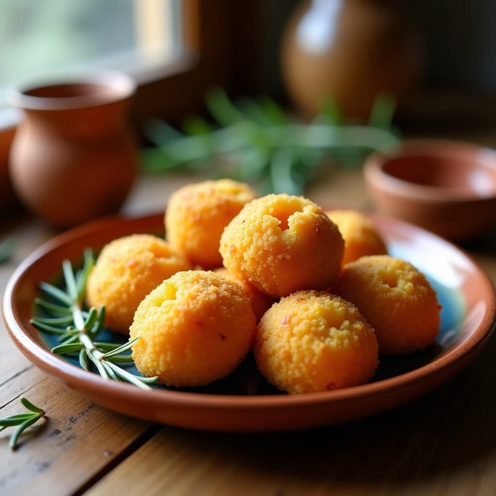 Croquetas doradas y crujientes de quinoa y queso de oveja con lata de romero, servidas en plato de madera rústico con ramita de romero fresco y chorrito de infusión dorada.
