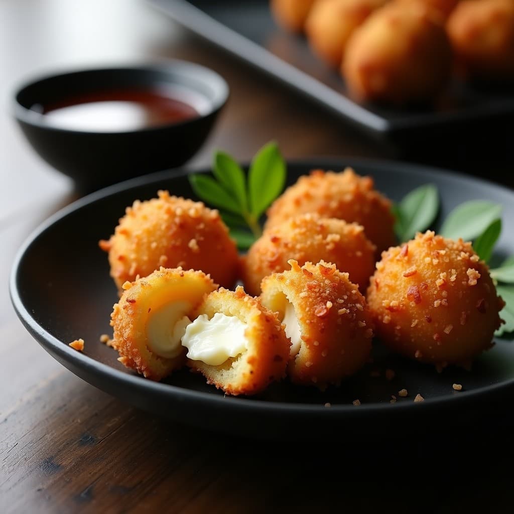 Croquetas doradas y crujientes de setas shimeji y queso de macadamia servidas en un plato negro de cerámica, con un fondo de madera oscura y hojas de shiso para decorar. Receta de aperitivo japonés en airfryer sin lácteos.
