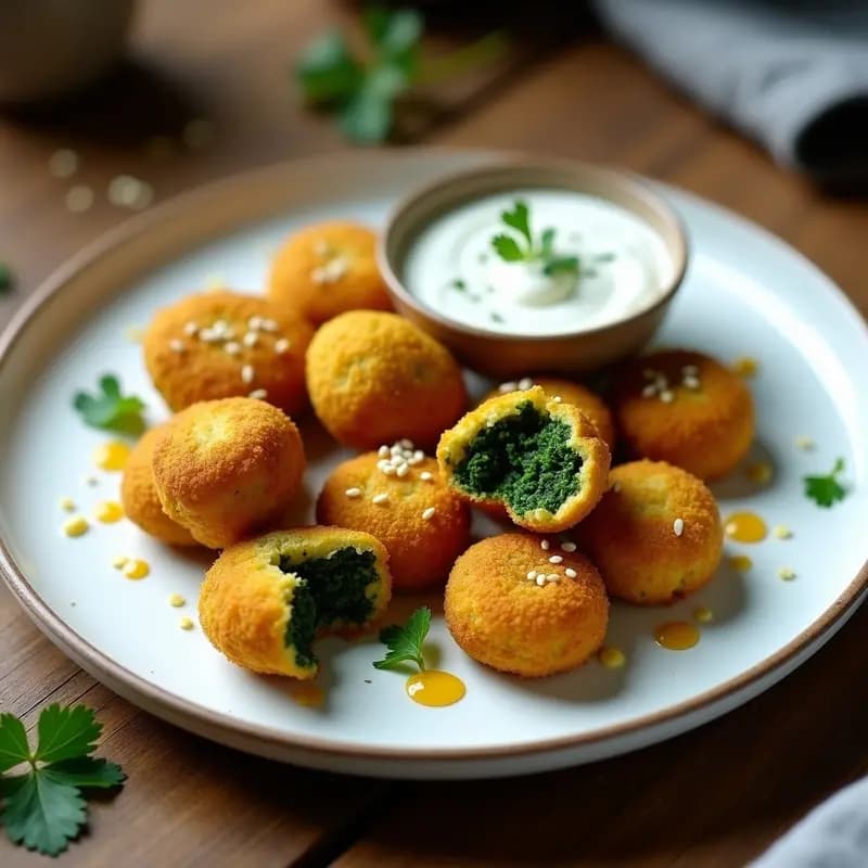 Croquetas veganas de spirulina y queso de cúrcuma doradas y crujientes, servidas en un plato blanco con un dip cremoso y decoradas con semillas de sésamo. Receta saludable en airfryer.