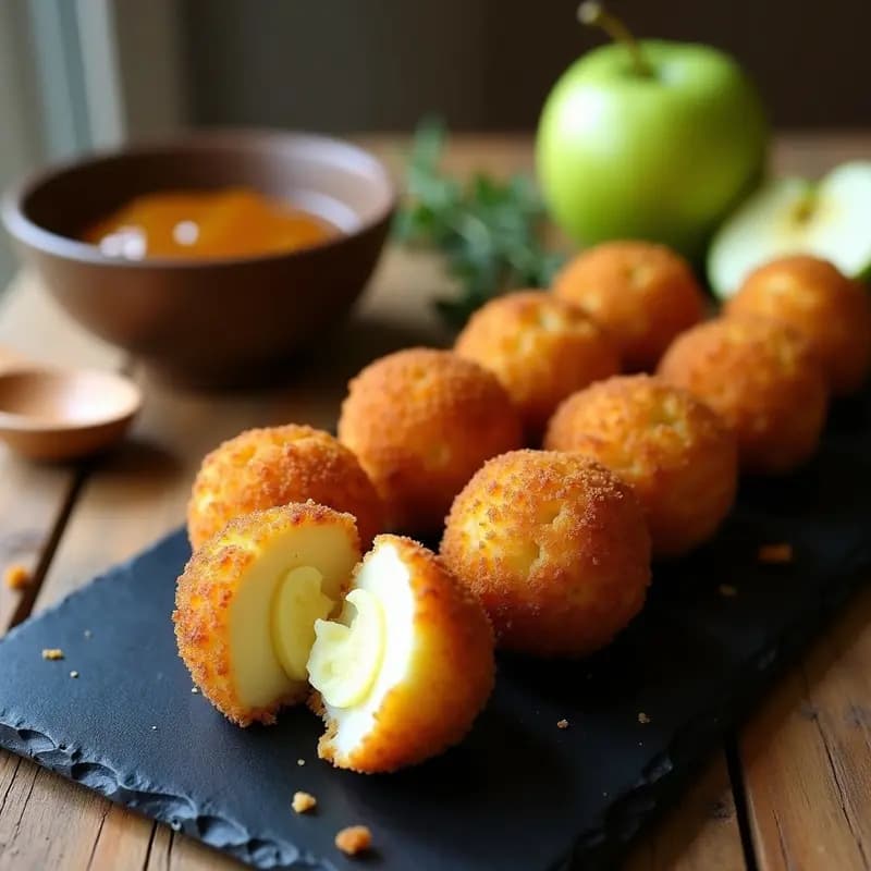 Plato blanco con croquettes de Camembert y manzana verde doradas y crujientes, dispuestas en círculo alrededor de un bol pequeño con mermelada de higos brillante. Fondo borroso con detalles rústicos y luz natural.