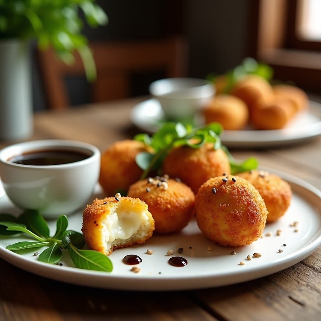 Croquettes doradas y crujientes de coliflor y queso de cashew servidas en plato negro, acompañadas de salsa de ajo negro en cuenco pequeño. Decoradas con semillas de sésamo y perejil fresco. Receta en airfryer sin lactosa.