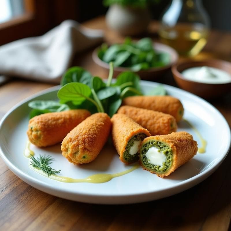 Croquettes doradas y crujientes de espinaca y queso de anacardo vegano, servidas en fuente de cerámica blanca con hoja de laurel y salsa cremosa al lado, aperitivo francés gourmet.