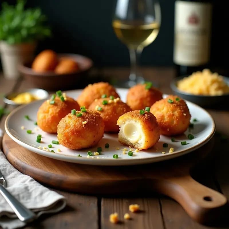 Croquettes de jambon et fromage doradas y crujientes sobre papel de horno, con un fondo rústico de madera y cebollino fresco espolvoreado, receta francesa tradicional en airfryer sin aceite.