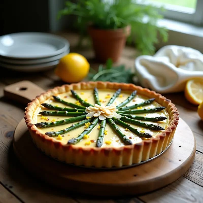Crostata de ricotta y espárragos sin masa, con base cremosa dorada, espárragos trigueros salteados, almendras laminadas y eneldo fresco, servida en molde redondo sobre tabla de madera rústica.