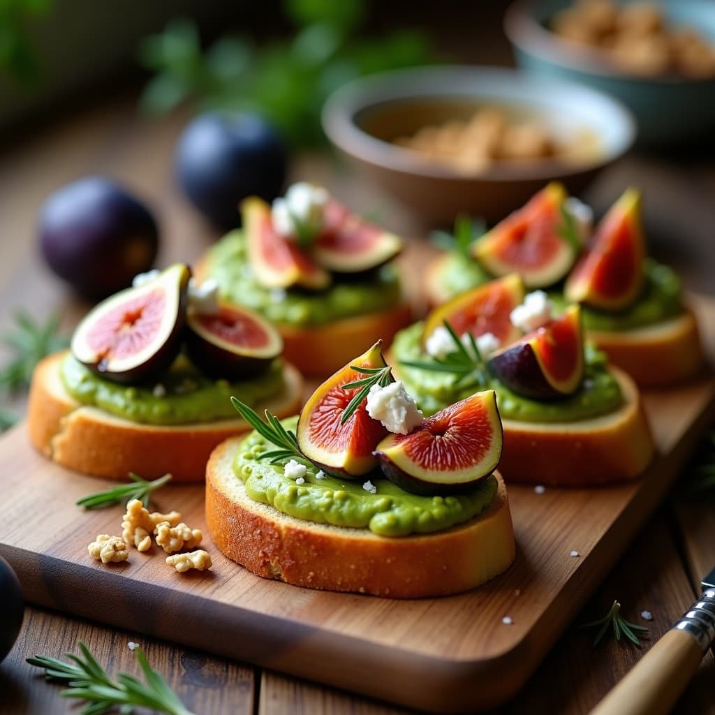 Crostini de pan tostado dorado con crema de aguacate verde, higos asados caramelizados, queso de cabra desmenuzado, nueces picadas y un hilo de miel, sobre tabla de madera rústica con romero fresco.