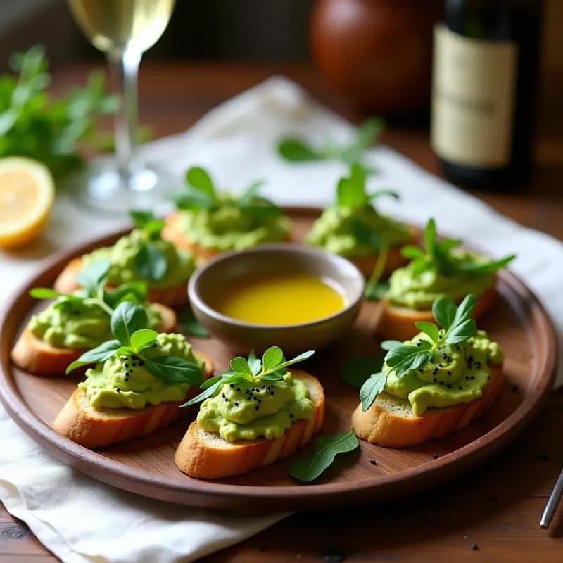 Crostini de pan de espelta tostado con crema de aguacate verde, rúcula fresca y semillas de sésamo negro, bañados en vinagreta de limón. Aperitivo italiano vegano gourmet.