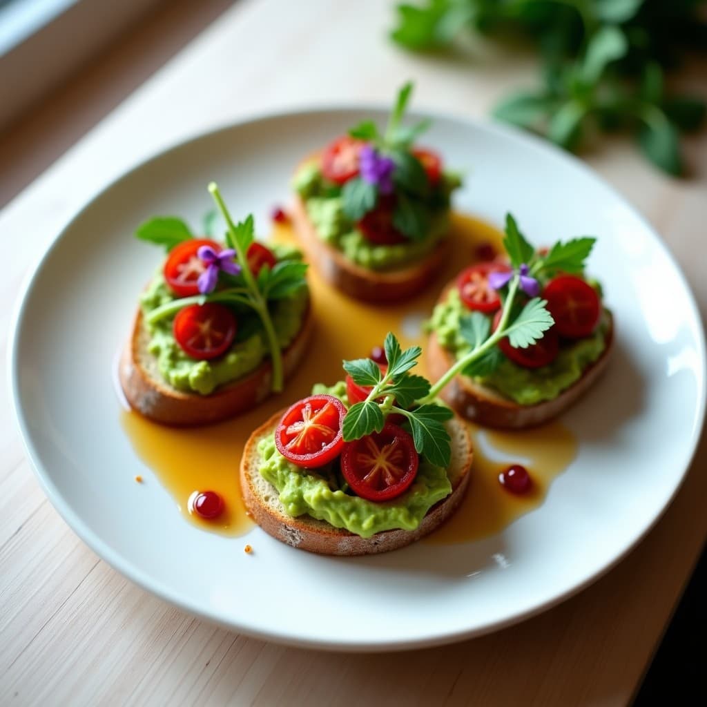 Plato blanco de cerámica con 4 crostini de pan tostado dorado, cubiertos con crema de aguacate verde, tiras de tomates secos rojos, hojas de rúcula, pimienta rosa en grano y almendras fileteadas, con un hilo de vinagre balsámico reducido. Receta de crostini de aguacate y tomates secos con pimienta rosa vegano y gourmet.