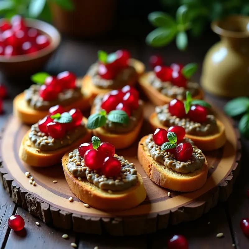 Tostadas doradas de pan de centeno con puré cremoso de berenjena ahumada, decoradas con semillas de granada rojas, sésamo tostado y hojas de menta fresca sobre un plato de madera rústico. Receta de Crostini Libanés Vegano.