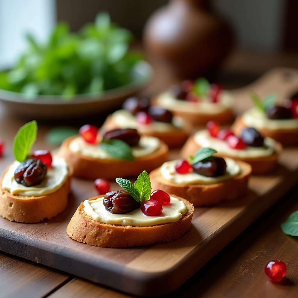 Crostini de pan de centeno tostado con crema de anacardos sedosa, trozos de dátiles Medjool, semillas de granada rojas y hojas de menta fresca, presentados en una tabla de madera rústica. Receta de aperitivo crudivegano.