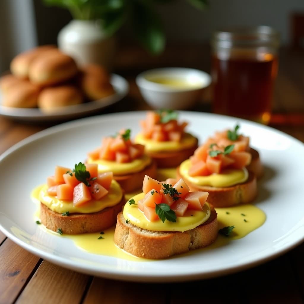 Crostini de pan de centeno tostado con puré cremoso de garbanzos negros, coronado con anchoas en aceite, alcaparras y hierbas frescas. Aperitivo español alto en proteína, servido en bandeja de madera rústica con fondo borroso.
