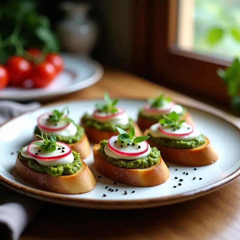 Crostini de pan de centeno dorado con una capa cremosa de queso de anacardos, pesto verde de rábanos y albahaca, decorado con rodajas finas de rábano rojo, brotes de rúcula y semillas de sésamo negro. Plato blanco rústico con fondo borroso, estilo food photography viral para redes sociales.
