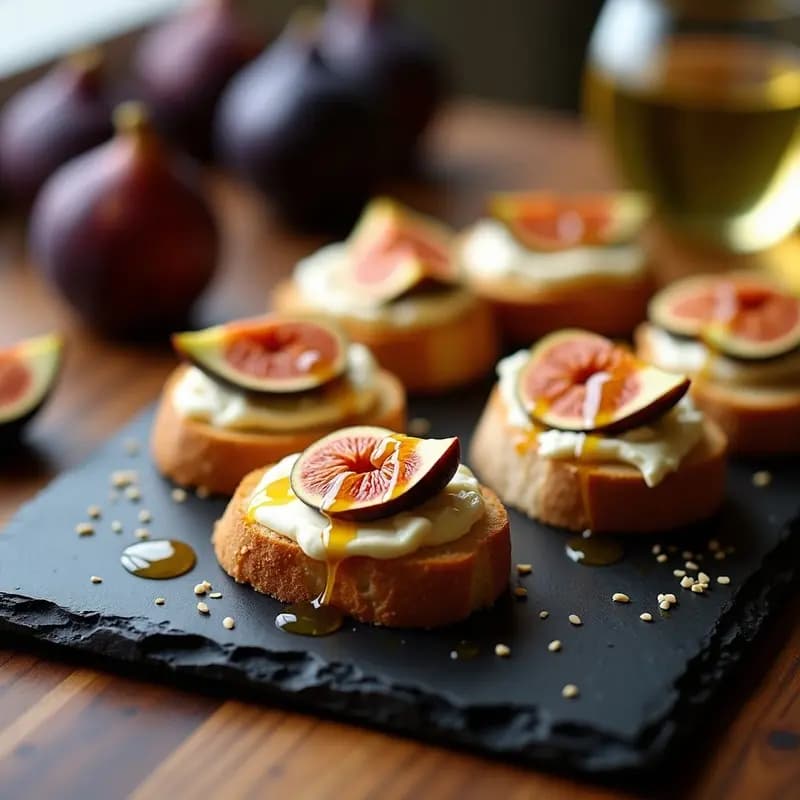 Bandeja de madera rústica con crostini de higos y queso de cabra con miel, aperitivo francés elegante. Rodajas de pan tostado dorado con queso cremoso, cuartos de higo maduro, nueces picadas y un hilo de miel de lavanda. Decorado con romero fresco y sal en escamas.
