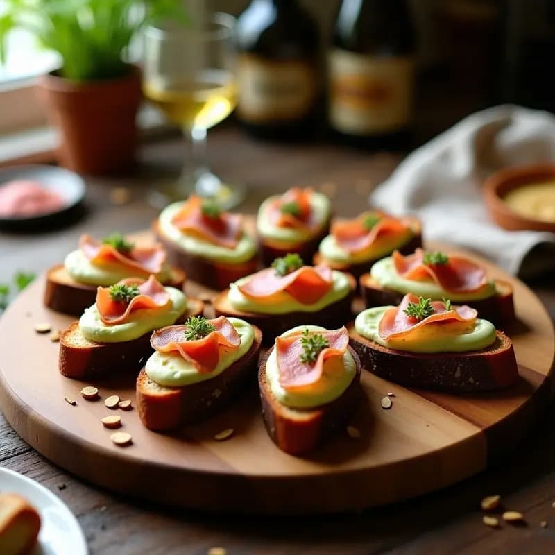 Crostini de pan de centeno dorado y crujiente con crema de alcachofa sedosa, coronado por láminas de jamón serrano de bellota y perejil fresco, aperitivo español gourmet en bandeja de madera rústica.