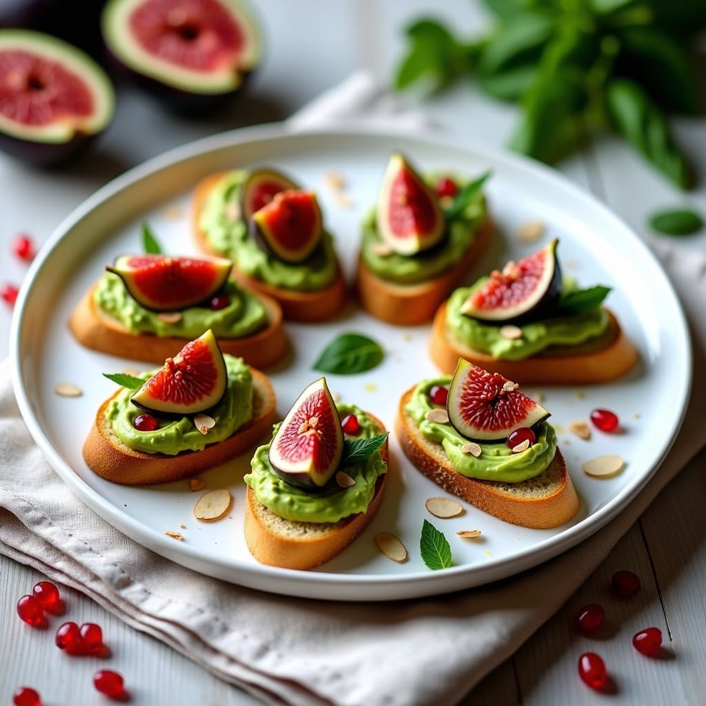 Crostini de pan de espelta tostado con crema de aguacate verde y trozos de higos frescos negros, decorados con semillas de sésamo, hilo de vinagre balsámico y hoja de menta sobre fondo de madera rústica. Aperitivo italiano sin gluten elegante.
