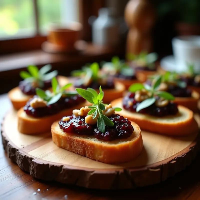 Crostini de pan de espelta dorado con láminas de hígado gras y compota de cebolla caramelizada, decorados con almendras fileteadas y hojas de romero, servidos en una bandeja de madera rústica.