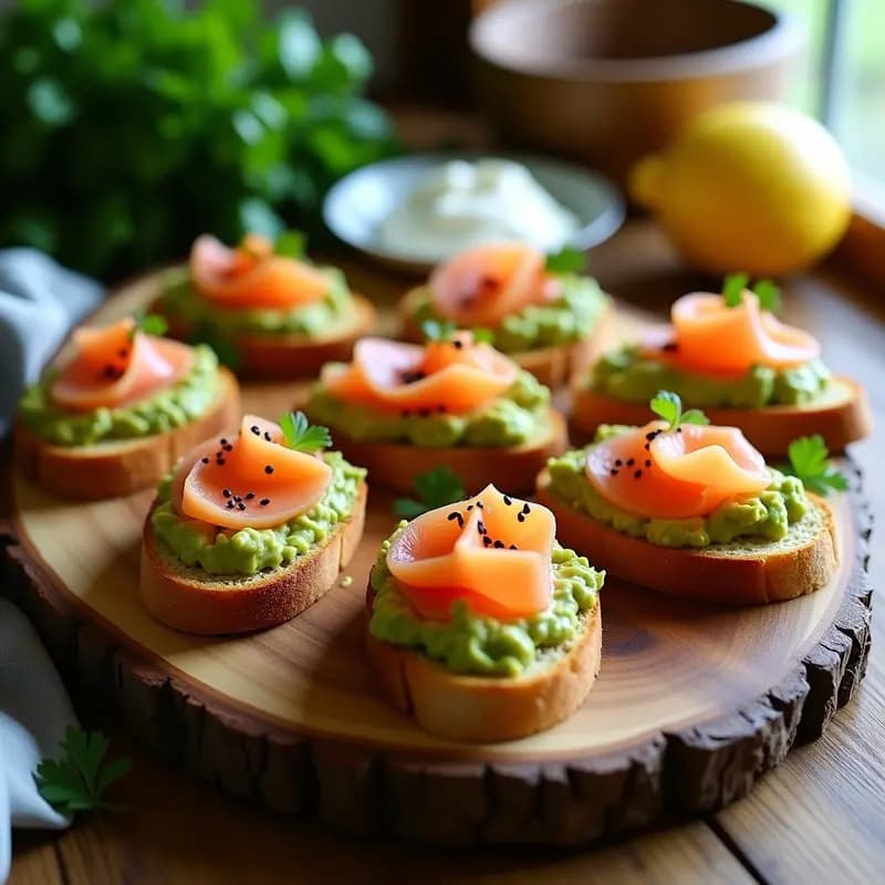 Crostini de pan de maíz dorado y crujiente con guacamole cremoso verde, láminas de salmón ahumado rosa y decoración de semillas de sésamo negro y pimienta rosa, aperitivo sin gluten sobre tabla de madera rústica.
