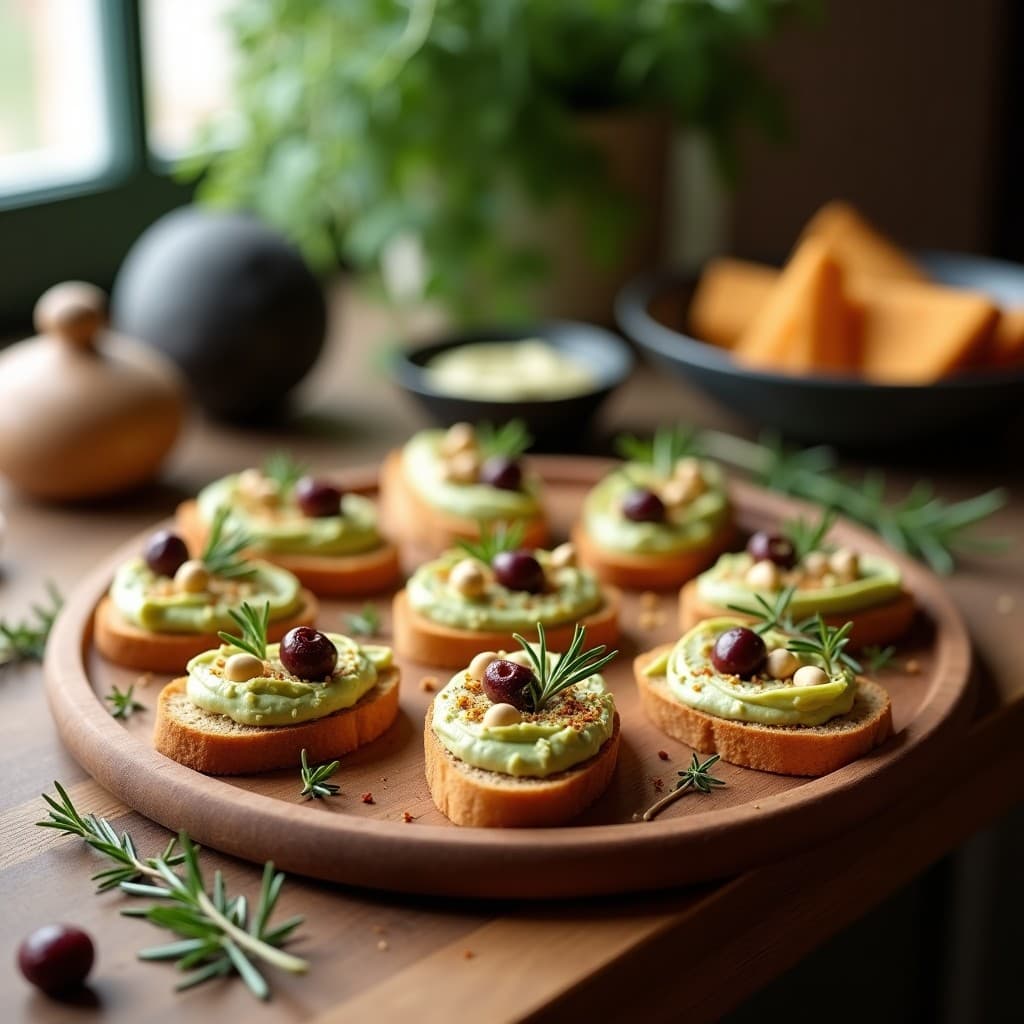 Crostini dorados de pan de trigo sarraceno con paté cremoso de alcachofas y aceitunas Kalamata, decorados con romero fresco y pimentón ahumado sobre una tabla de madera rústica.