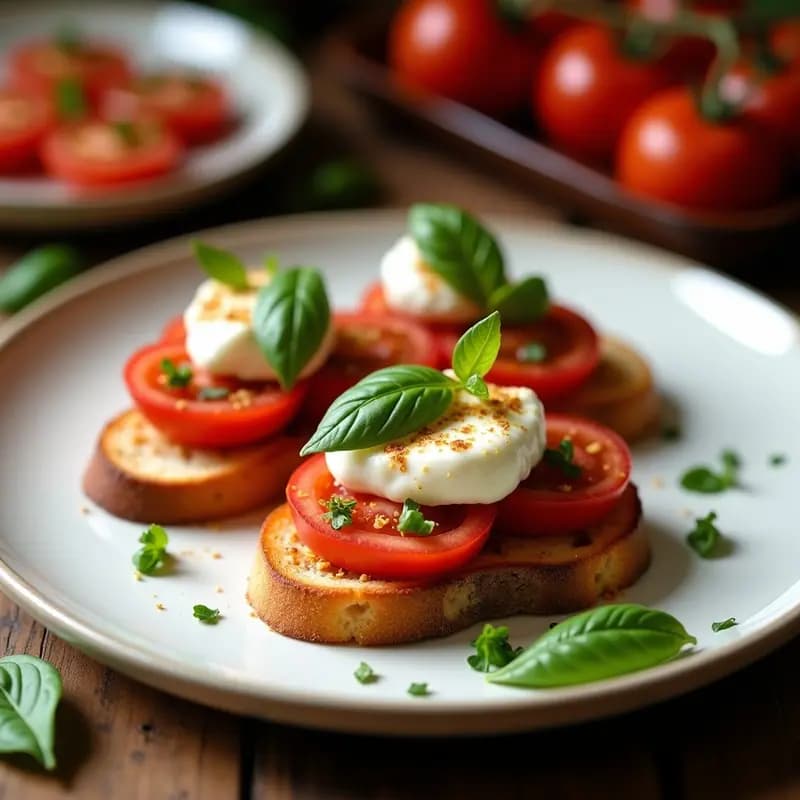 Plato de madera rústico con crostini de tomate confitado y burrata, aperitivo italiano gourmet. Pan tostado dorado con tomates cherry confitados, burrata cremosa, almendras tostadas, albahaca fresca y hilo de vinagre balsámico sobre fondo claro.
