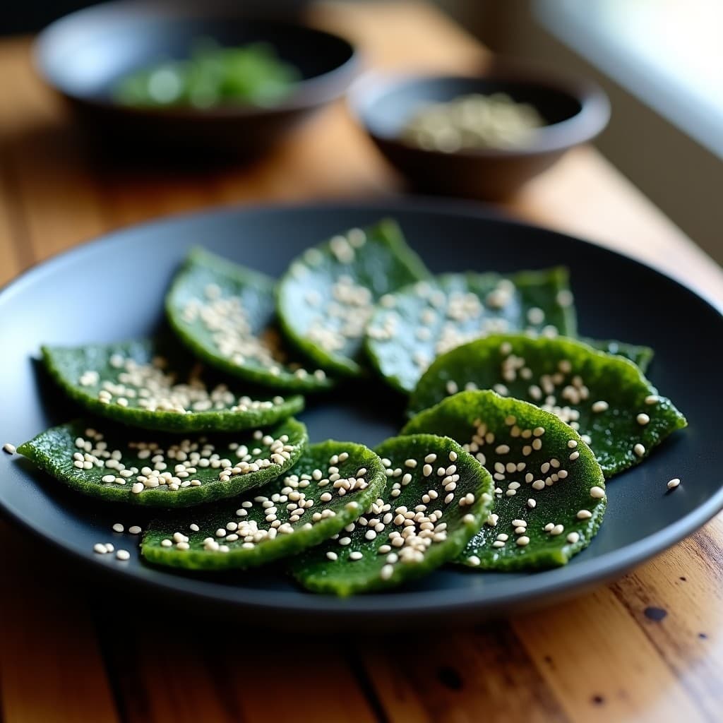 Crousillantes de algas nori con semillas de sésamo blanco y negro, aperitivo japonés keto sin cocción, servidos en un plato de cerámica negra con fondo de madera rústica.