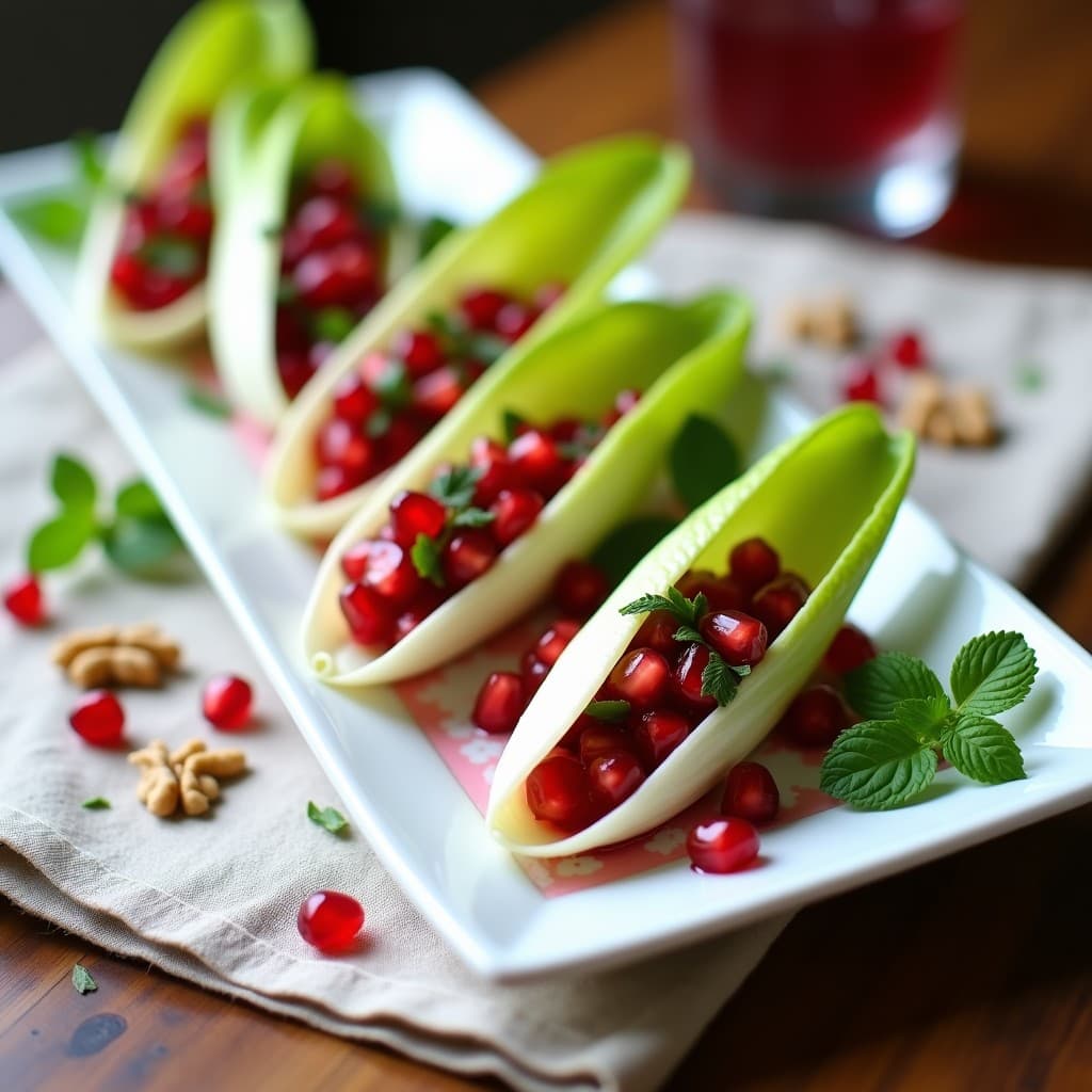 Plato blanco rectangular con crudités de endibia rellenos de vinagreta de granada, decorados con semillas rojas, nueces picadas y hierbas frescas. Fondos neutros con toques de verde y rojo intenso.