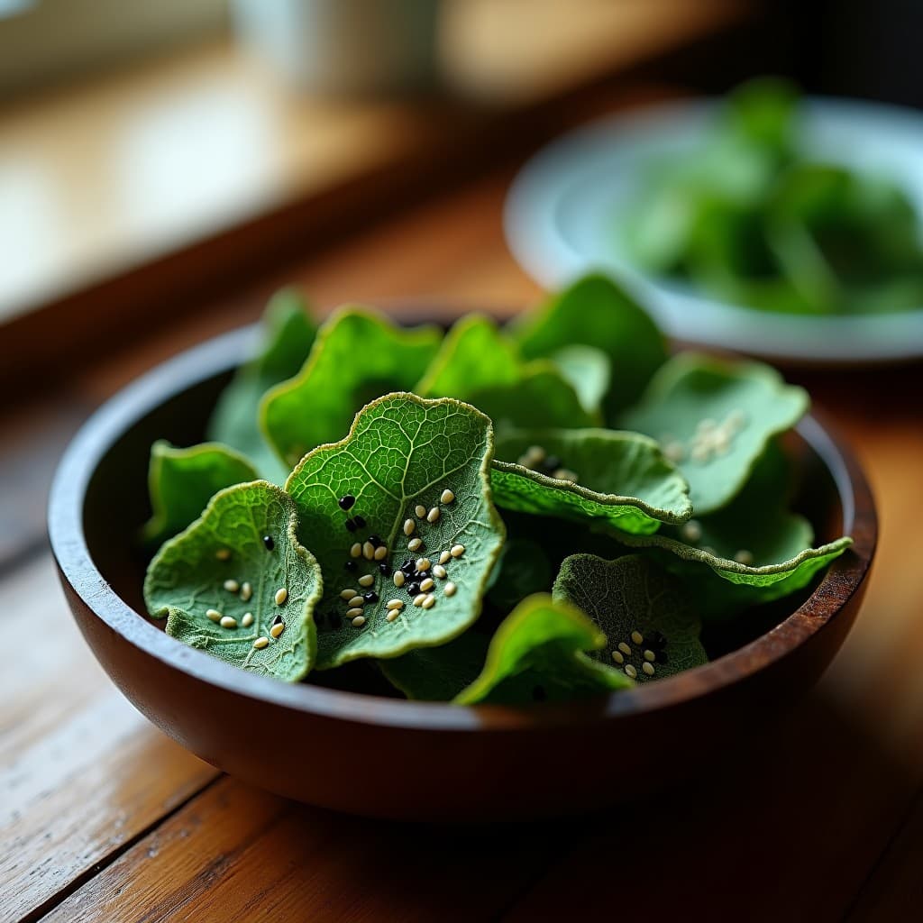 Crujientes de kale dorados con polvo de wasabi y semillas de sésamo negro, servidos en un cuenco de madera oscuro sobre fondo neutro. Snack vegano sin gluten.