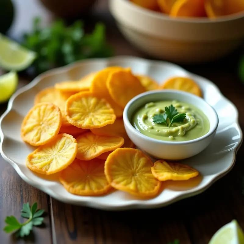 Plato blanco rústico con crujientes dorados de plátano verde apilados al lado de un bol pequeño con dip cremoso de aguacate verde, decorado con hojas de cilantro fresco y gajos de lima. Aperitivo colombiano sin gluten.