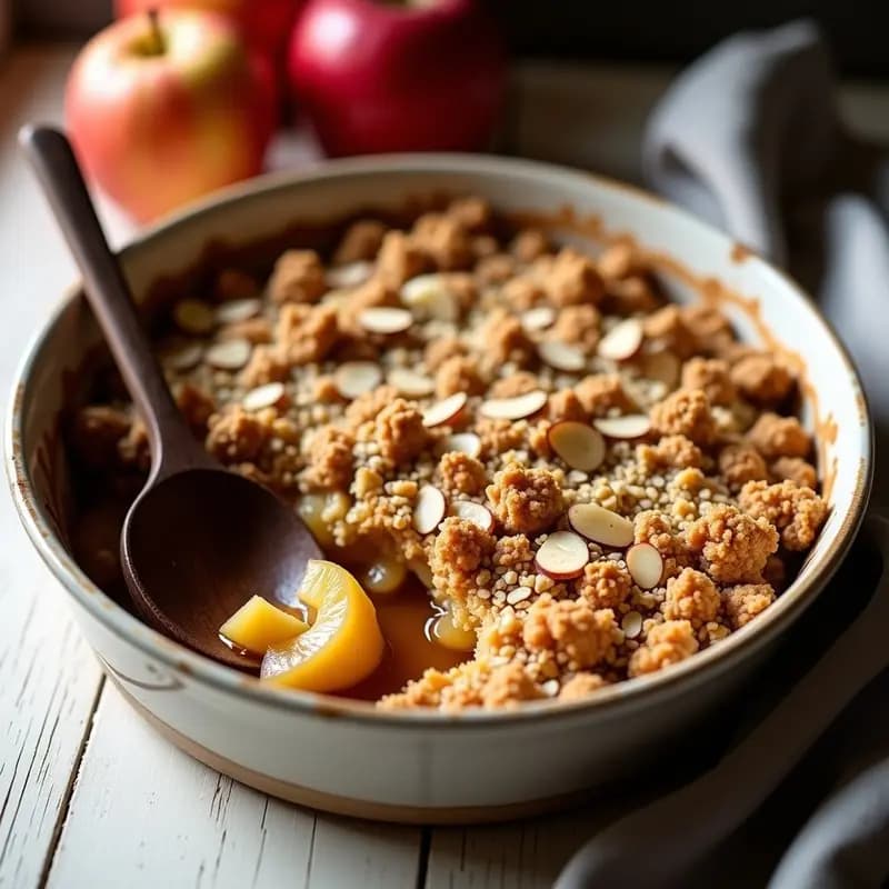 Crumble de manzana y avena sin azúcar en molde de cerámica blanco, con topping dorado y crujiente de avena y nueces, servido con una cuchara de madera y hojas de menta fresca. Postre británico vegano y saludable.