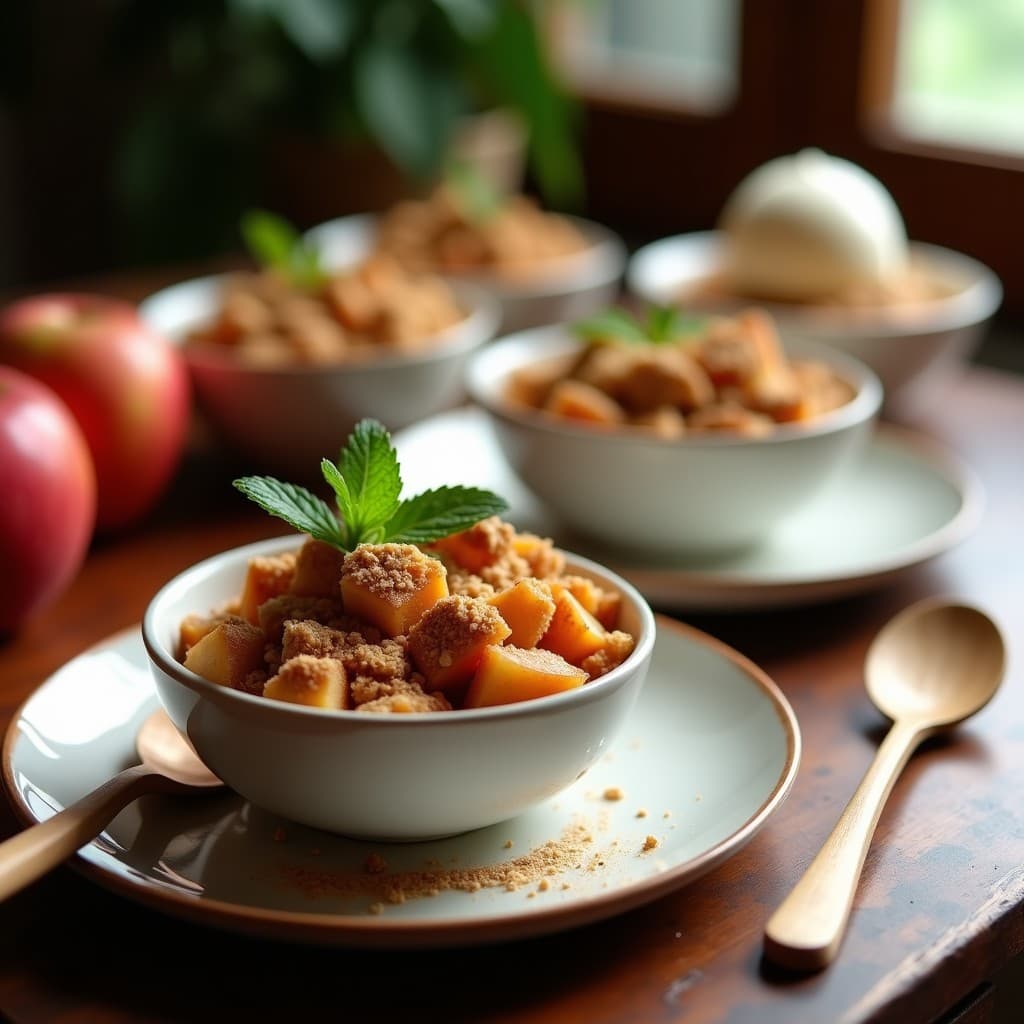 Crumble de manzana y canela vegano en Air Fryer: cuatro porciones individuales en moldes de cerámica, con topping de avena dorado y crujiente, manzanas tiernas asomando entre la capa superior, espolvoreado con canela en polvo y acompañado de una cuchara de madera. Postre saludable y reconfortante.