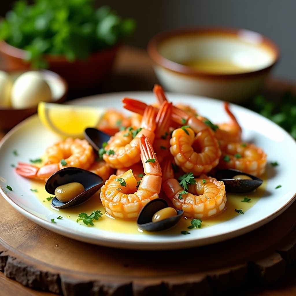 Plato blanco con crustáceos al ajillo dorados, mejillones abiertos y langostinos rosados, bañados en salsa de vino blanco, ajo y perejil fresco. Fondo rústico con rodaja de limón.