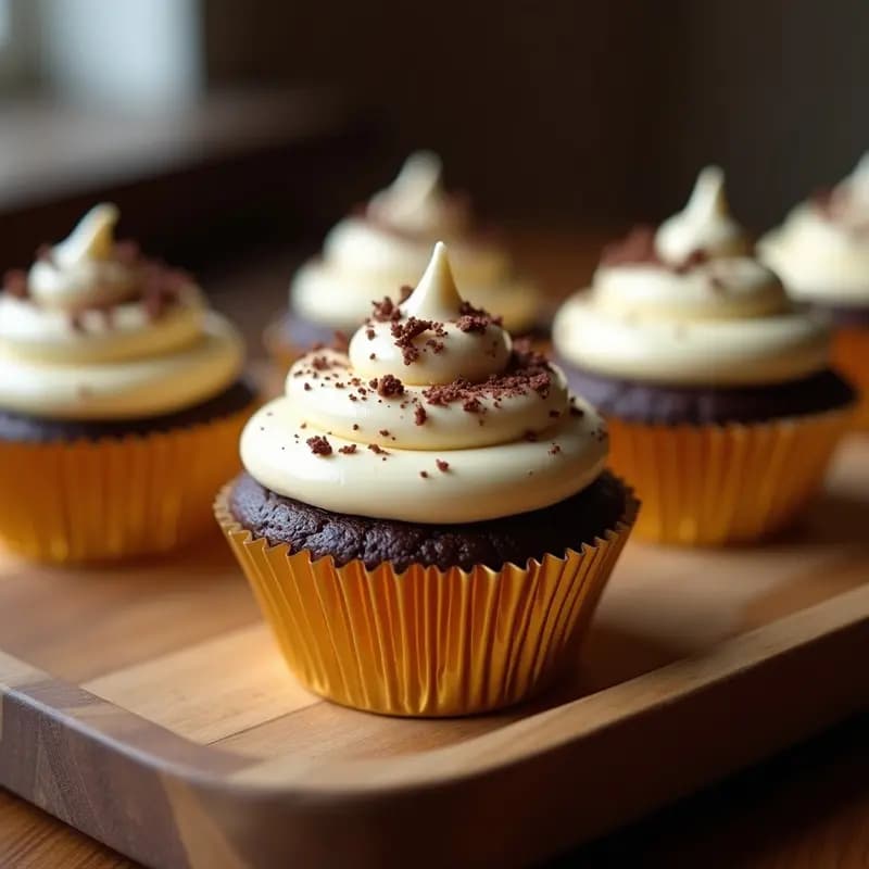 Cupcake de chocolate con cápsula dorada, relleno de Nutella que asoma por el centro y frosting de queso crema espeso decorado con virutas de chocolate, sobre una bandeja de madera.