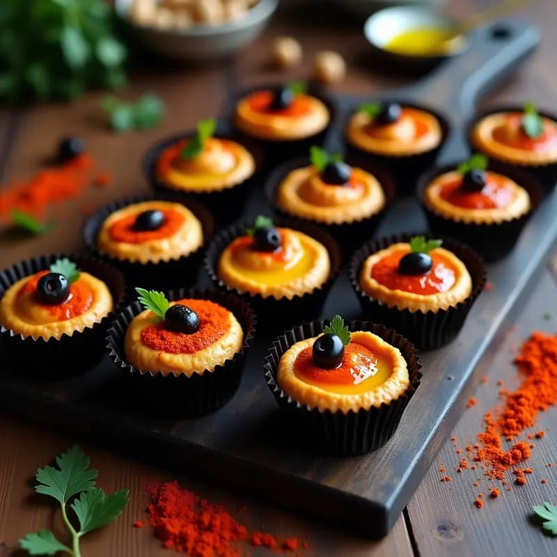 Bandeja de cupcakes de hummus con decoración de pimentón rojo y aceite de oliva dorado, servidos en cápsulas negras sobre fondo rústico de madera. Aperitivo vegano que imita un postre, con textura esponjosa y relleno cremoso.