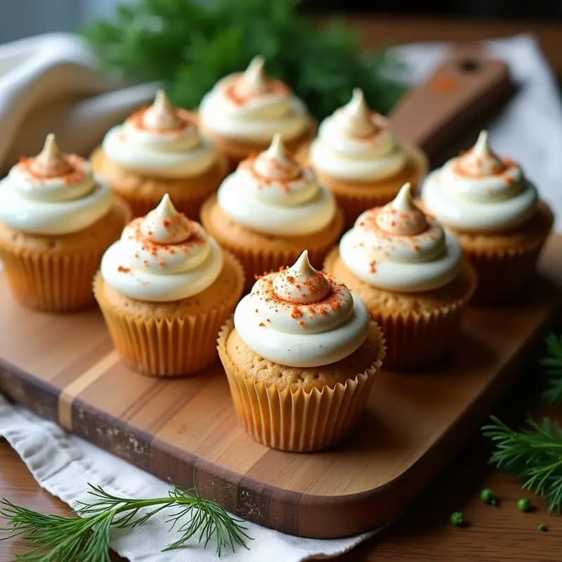 Cupcakes salados de hummus y pimentón con frosting de yogur griego, decorados con pimentón picante y eneldo fresco, sobre bandeja de madera rústica con fondo borroso.