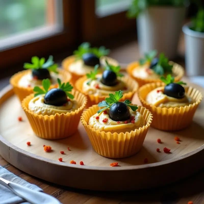Cupcakes salados de masa dorada de coliflor con relleno cremoso de hummus y decoración de aceitunas negras en espiral, espolvoreados con pimentón ahumado y perejil fresco, servidos en cápsulas de papel sobre una bandeja de madera rústica.