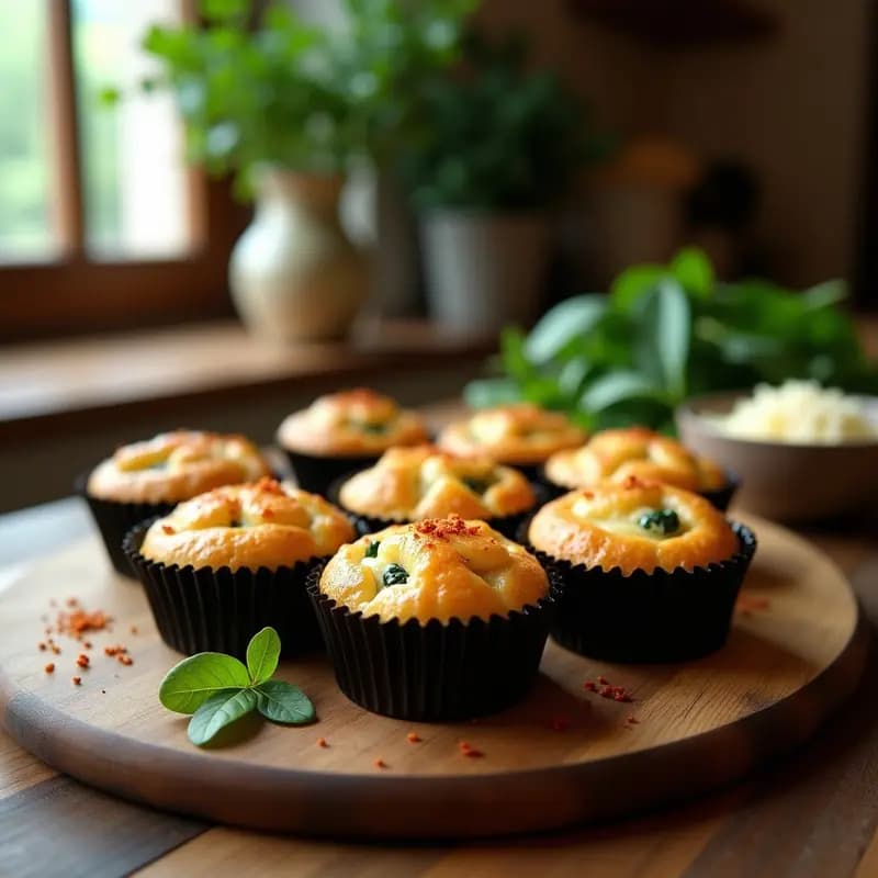 Cupcakes salados dorados en cápsulas negras, rellenos de queso de castaña cremoso y espinacas, con decoración de aceite de oliva y pimentón, receta sin gluten viral.