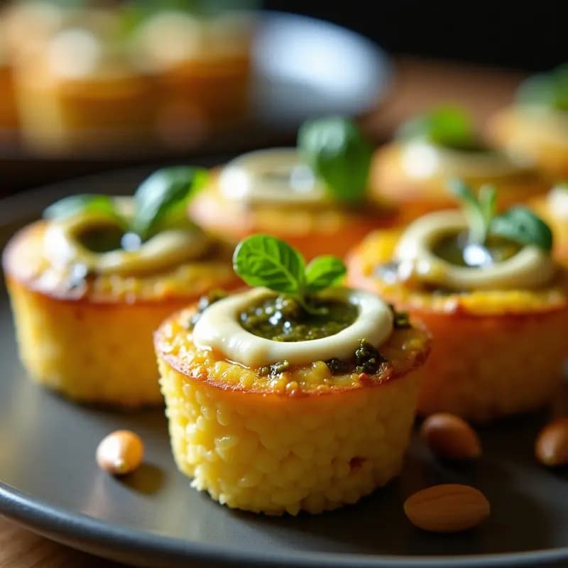 Molde de silicona con cupcakes salados dorados de polenta, coronados con queso de cabra gratinado y un centro brillante de pesto líquido, decorados con piñones y albahaca fresca. Plato ideal para aperitivo italiano viral.