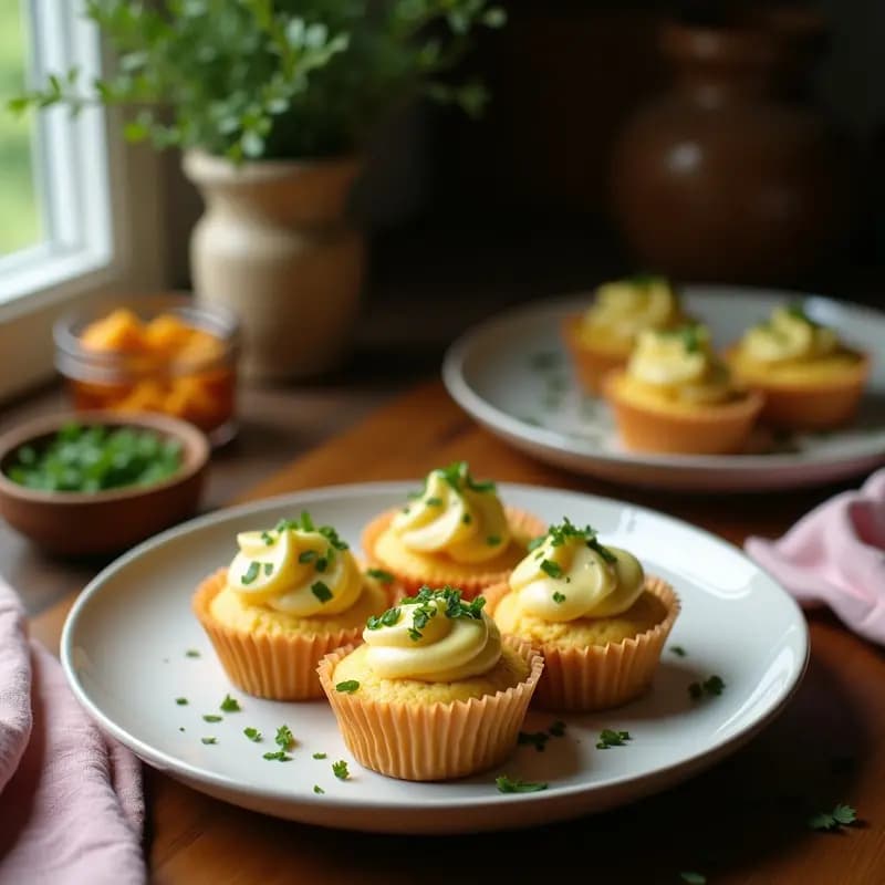 Bandeja de cupcakes salados dorados con relleno cremoso de pollo y queso crema, decorados con hierbas frescas verdes y virutas de pimentón ahumado sobre fondo rústico de madera.