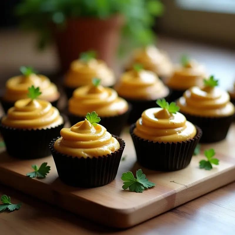 Bandeja de cupcakes salados con base de puré de habas cremoso y topping de crema de ajo negro brillante, decorados con perejil fresco. Presentación moderna y fotogénica sobre fondo rústico.