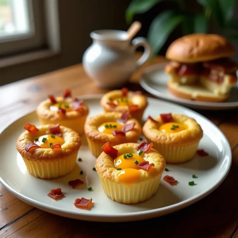Bandeja de cupcakes salados dorados con centro de huevo fundido y queso gratinado, decorados con trocitos de bacon crujiente. Receta viral de cupcakes salados de queso, bacon y huevo.