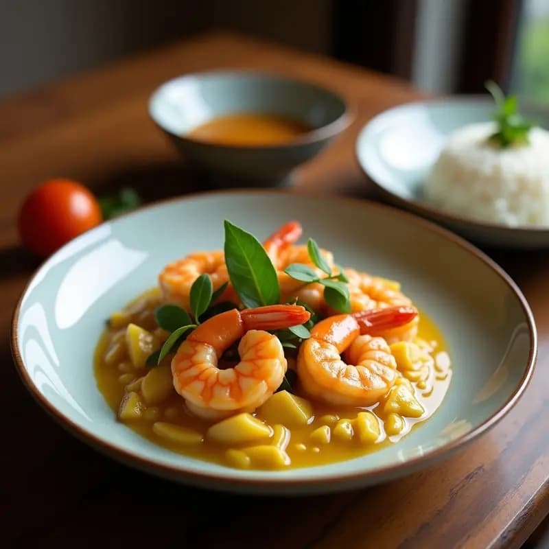 Bol hondo negro con curri tailandés keto de camarones y leche de coco, decorado con hojas de lima kaffir, anacardos tostados y cilantro fresco. Plato vibrante con tonos crema, rosados y verdes, servido sobre una mesa de madera rústica.